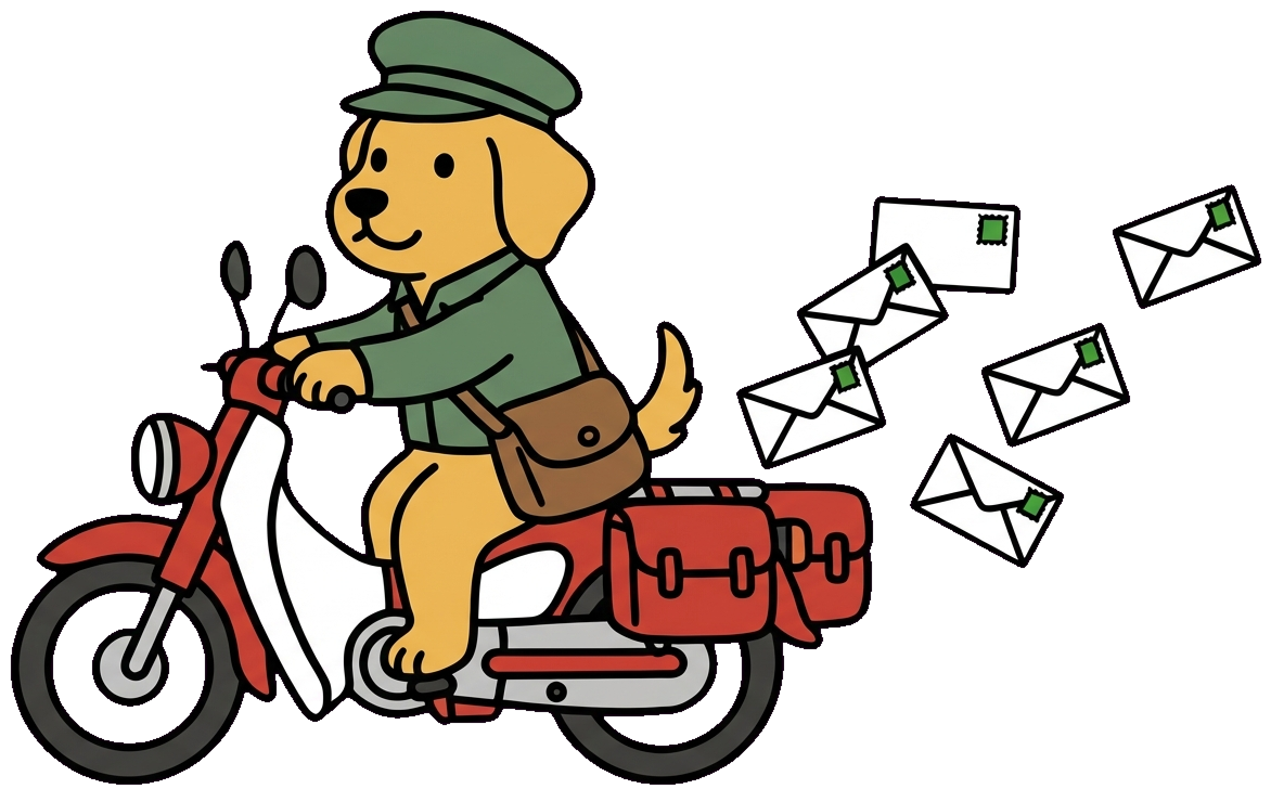 Dr. Biscuit riding a postie bike delivering mail